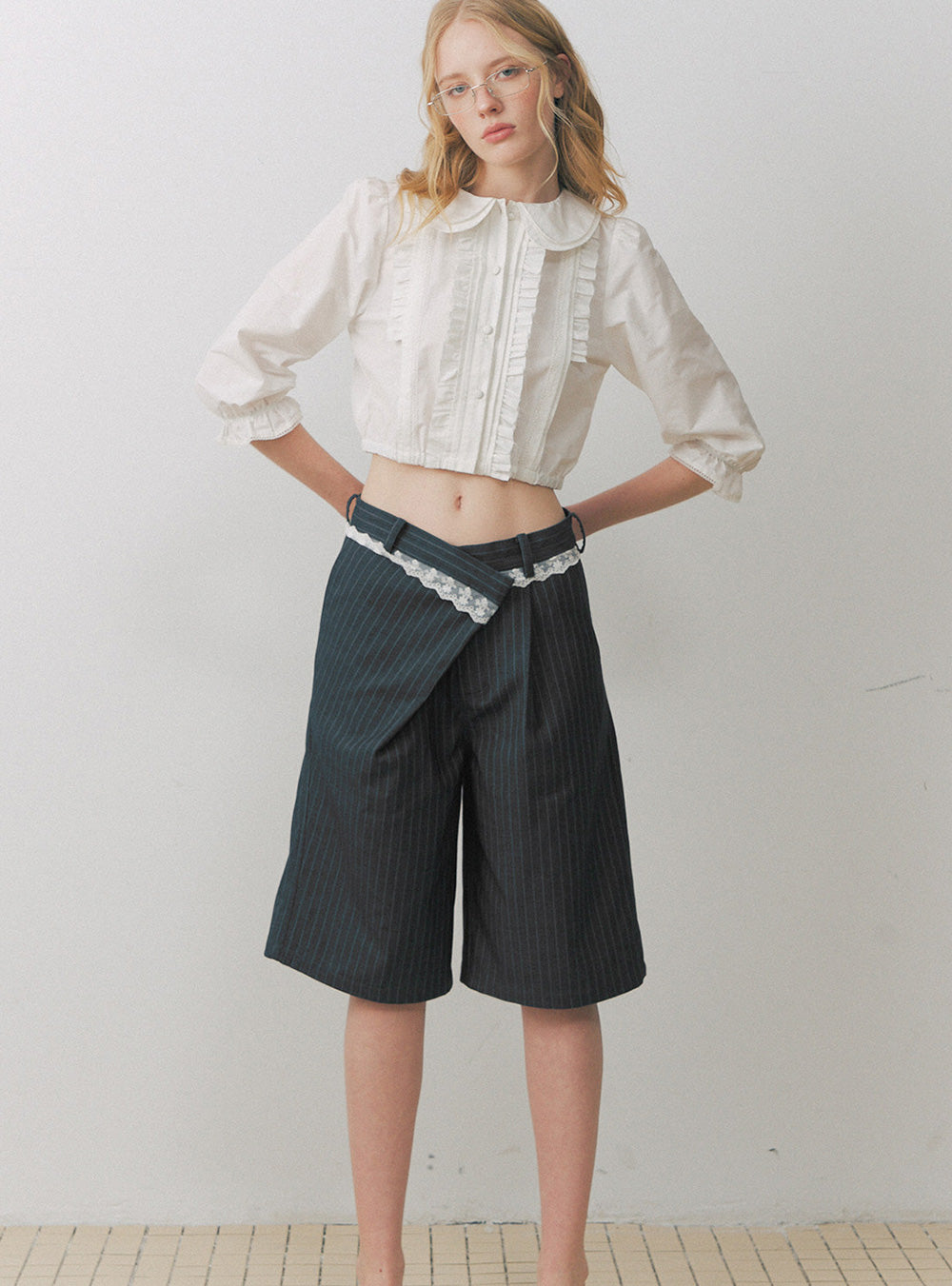 Lace Trim Pinstripe Tailored Shorts