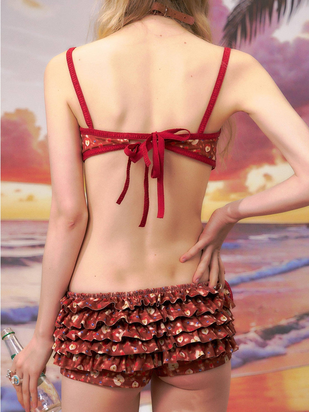 Red Ruffled Layered Skirt Shorts Casual Polyester Two Piece Women Bikini