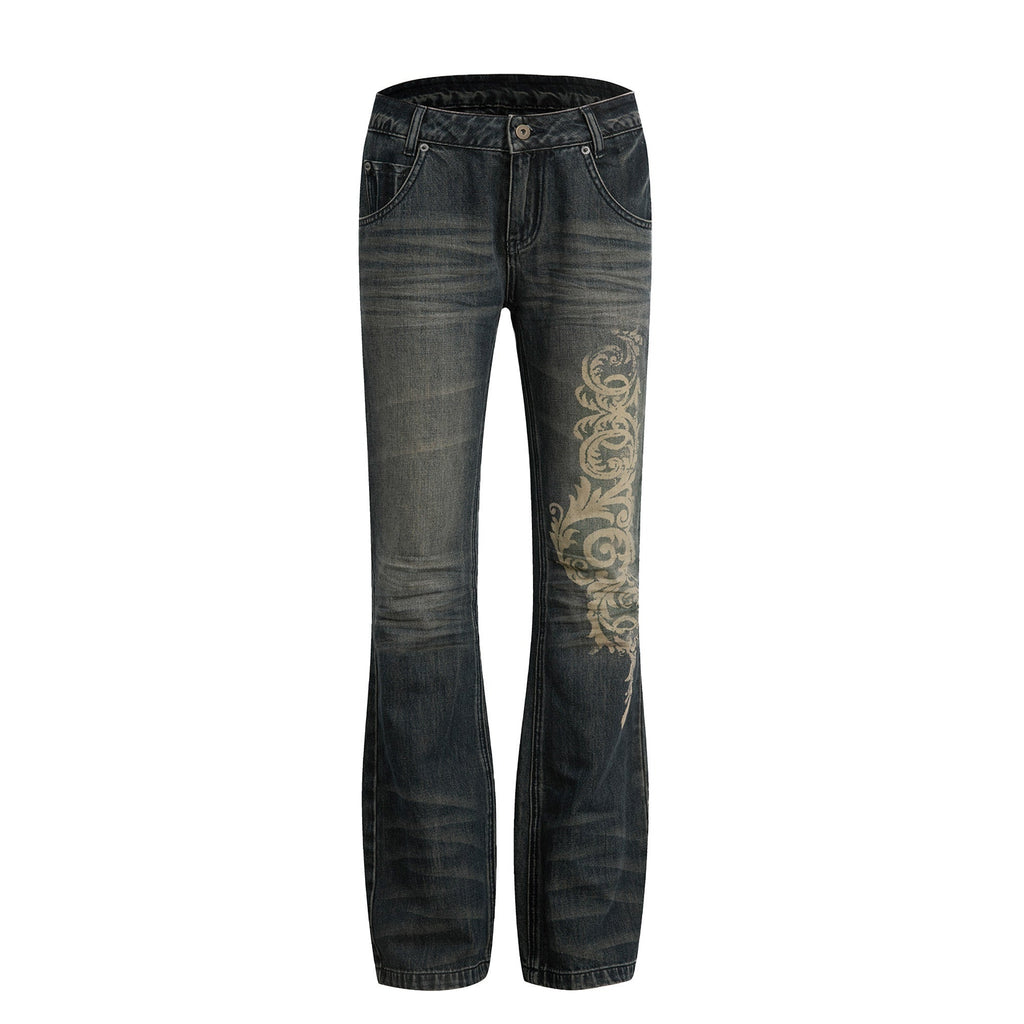 Baroque Print Distressed Micro Flare Women'S Cotton Low-Rise Jeans