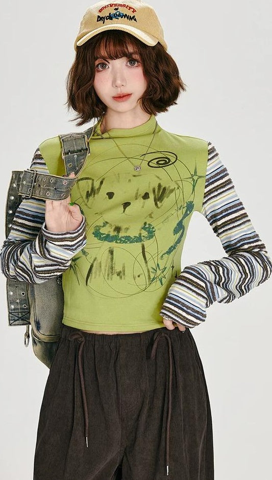 Girlyhalo |  RETRO STRIPED LONG-SLEEVE TOP【ID:TN00007】