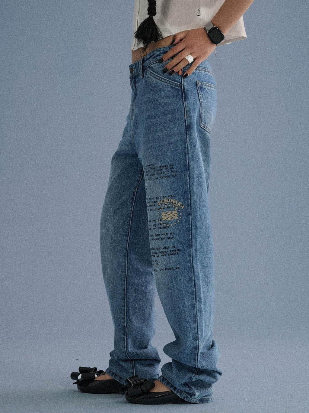 100% Cotton Microstretch Tapered Natural Waist Printed Blue Girls Straight Jeans