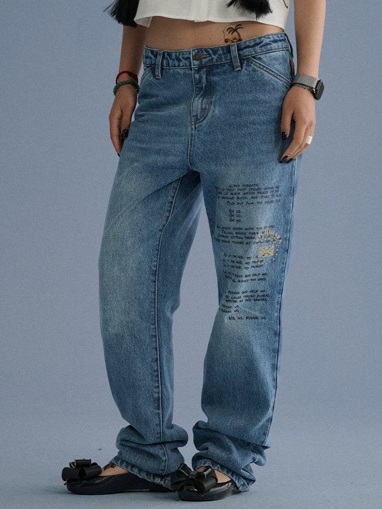 100% Cotton Microstretch Tapered Natural Waist Printed Blue Girls Straight Jeans
