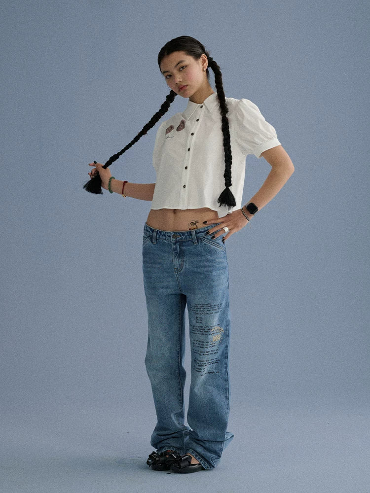 100% Cotton Microstretch Tapered Natural Waist Printed Blue Girls Straight Jeans