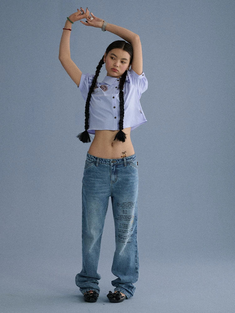 100% Cotton Microstretch Tapered Natural Waist Printed Blue Girls Straight Jeans