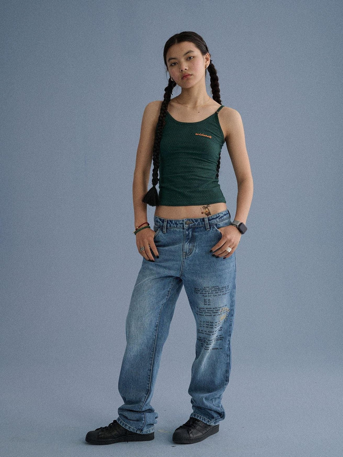 100% Cotton Microstretch Tapered Natural Waist Printed Blue Girls Straight Jeans
