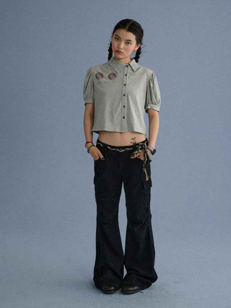 100% Cotton Slim Fit Printed Polo Collar Office Chic Ladies T Shirt Crop Top