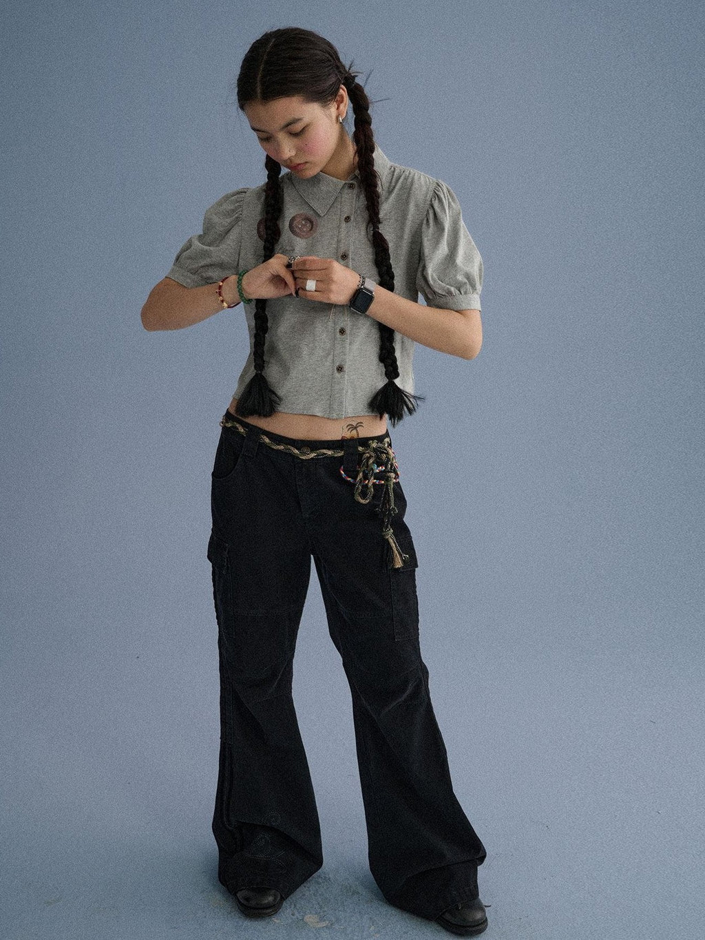 100 Percent Cotton Casual Pocketed Natural Waist Girls Wide-Leg Pants