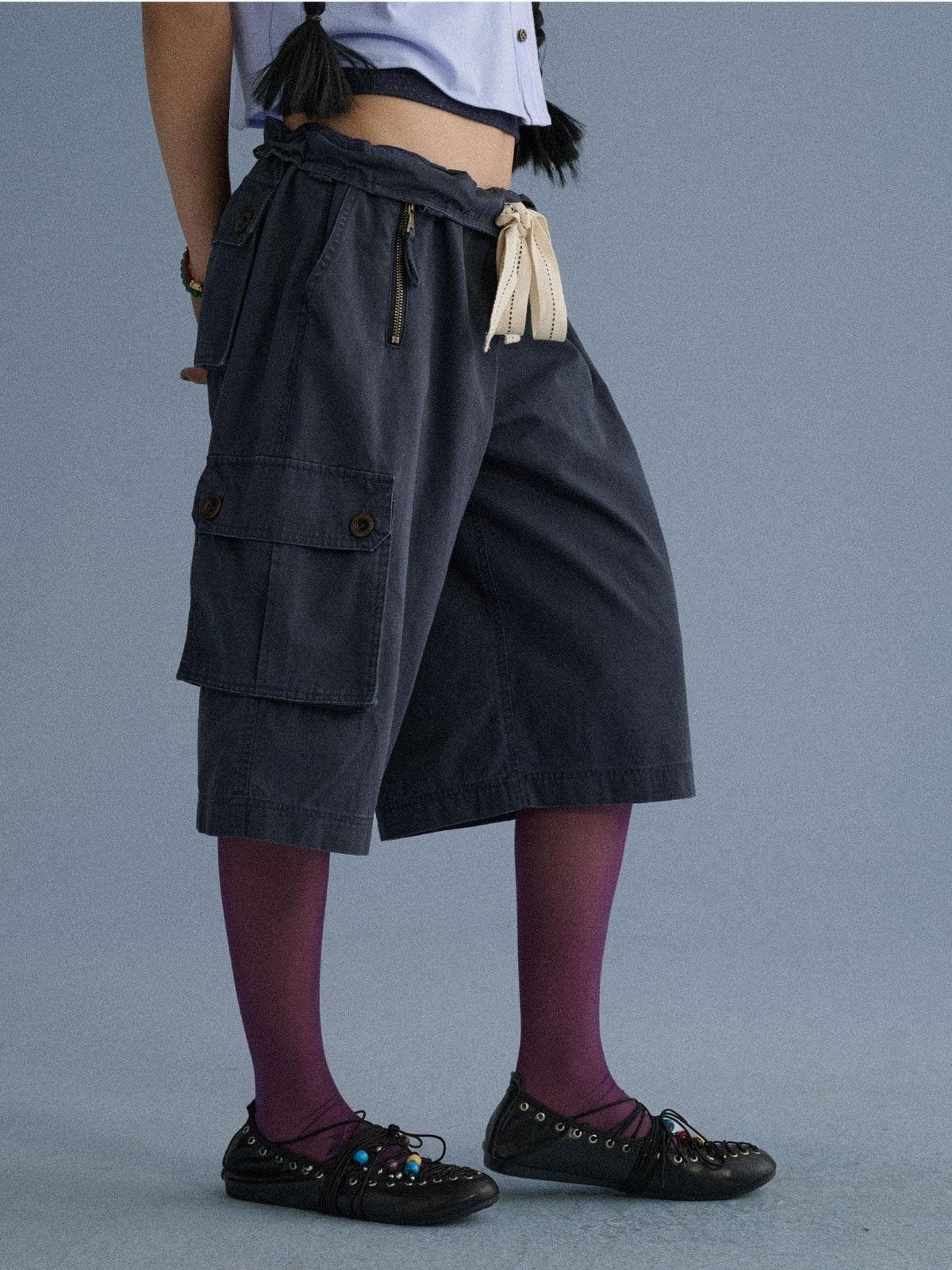 100 Percent Cotton Pocket Commuter Natural Waist Girls Navy Grey Wide-Leg Pants