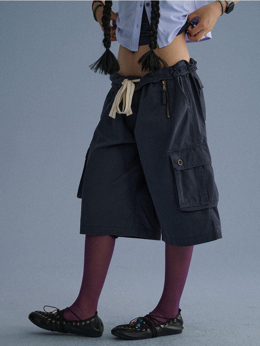 100 Percent Cotton Pocket Commuter Natural Waist Girls Navy Grey Wide-Leg Pants