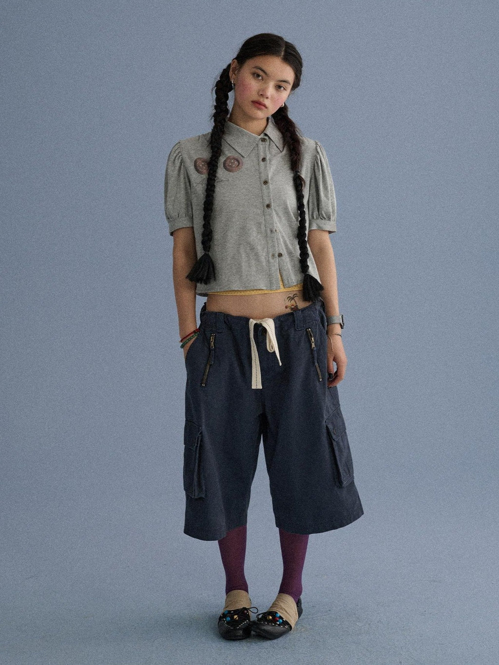 100 Percent Cotton Pocket Commuter Natural Waist Girls Navy Grey Wide-Leg Pants