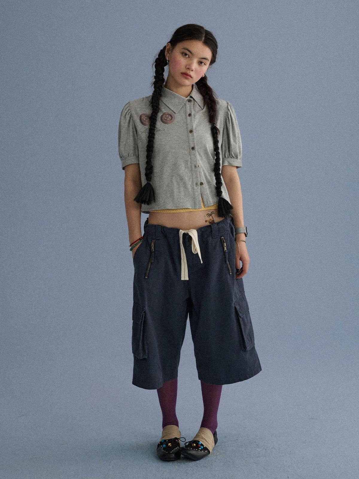 100 Percent Cotton Pocket Commuter Natural Waist Girls Navy Grey Wide-Leg Pants