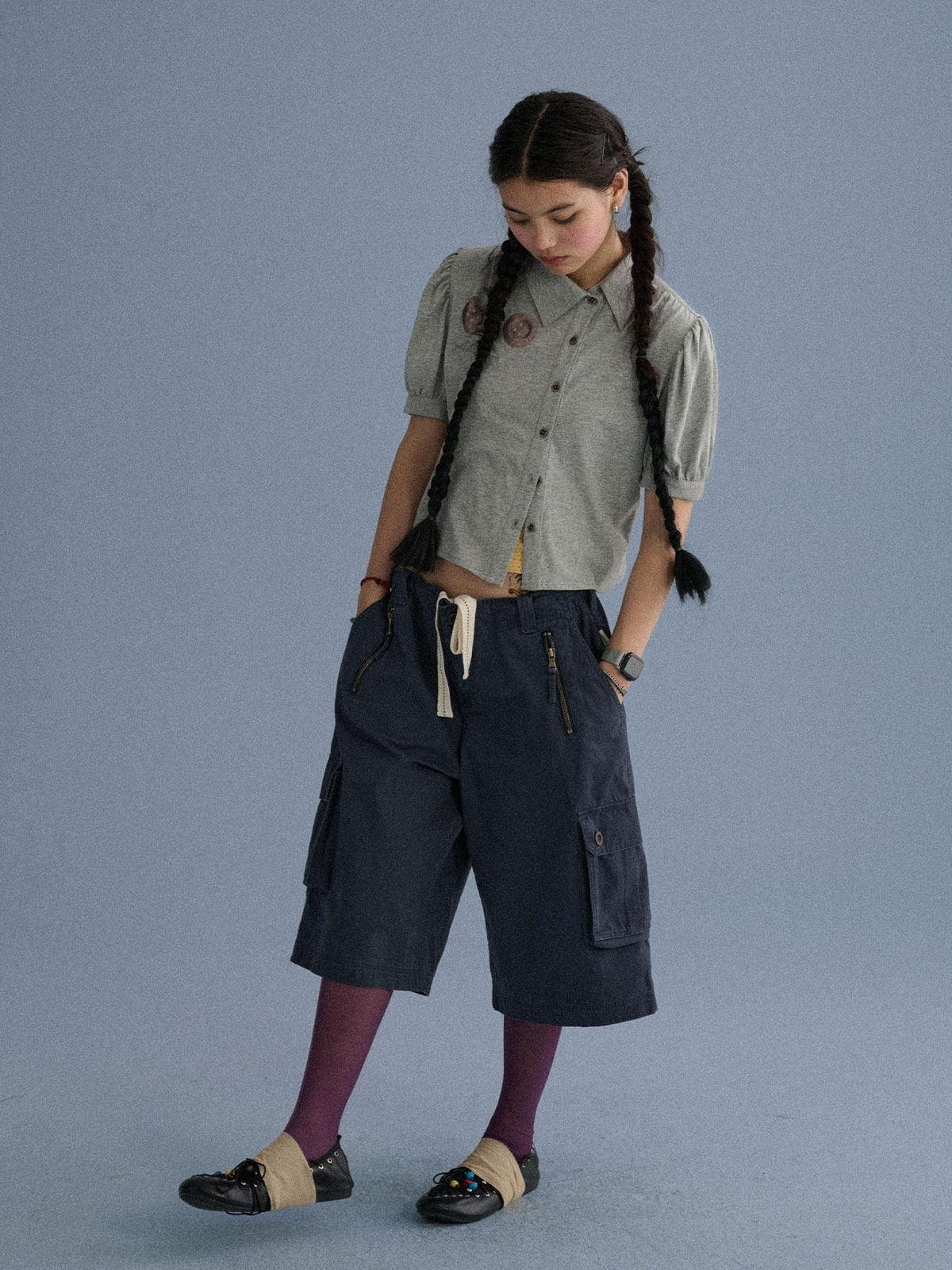 100 Percent Cotton Pocket Commuter Natural Waist Girls Navy Grey Wide-Leg Pants
