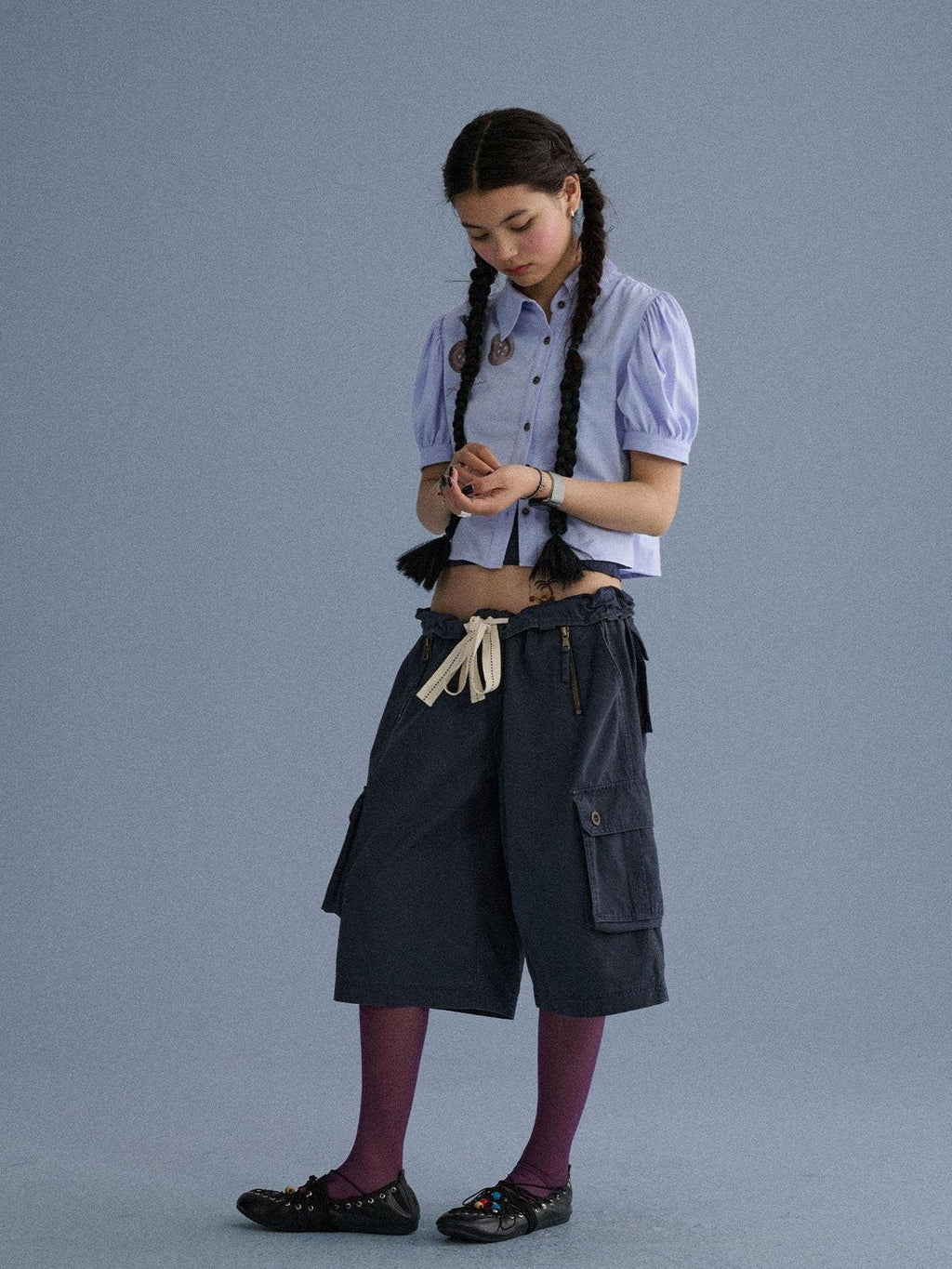 100 Percent Cotton Pocket Commuter Natural Waist Girls Navy Grey Wide-Leg Pants