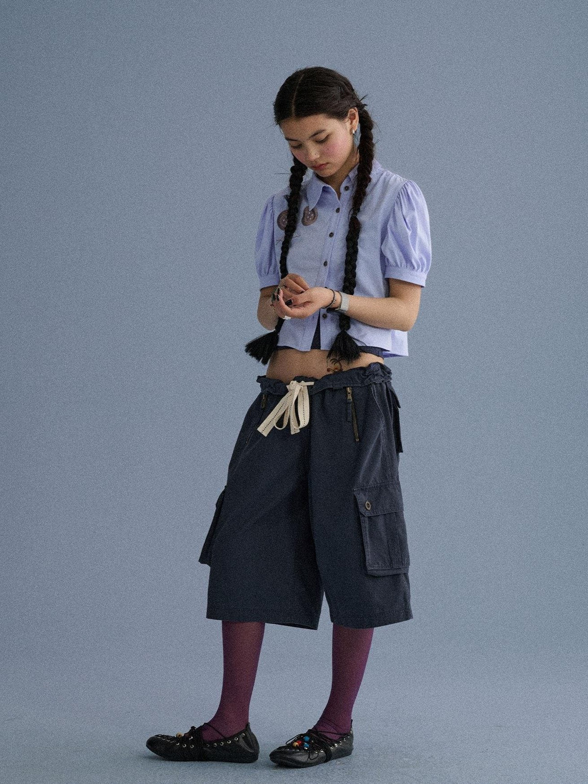 100 Percent Cotton Pocket Commuter Natural Waist Girls Navy Grey Wide-Leg Pants