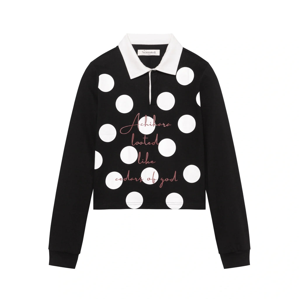 100 Percent Cotton Polka Dot Long Sleeve Polo Collar Women Straight Fit T-Shirt