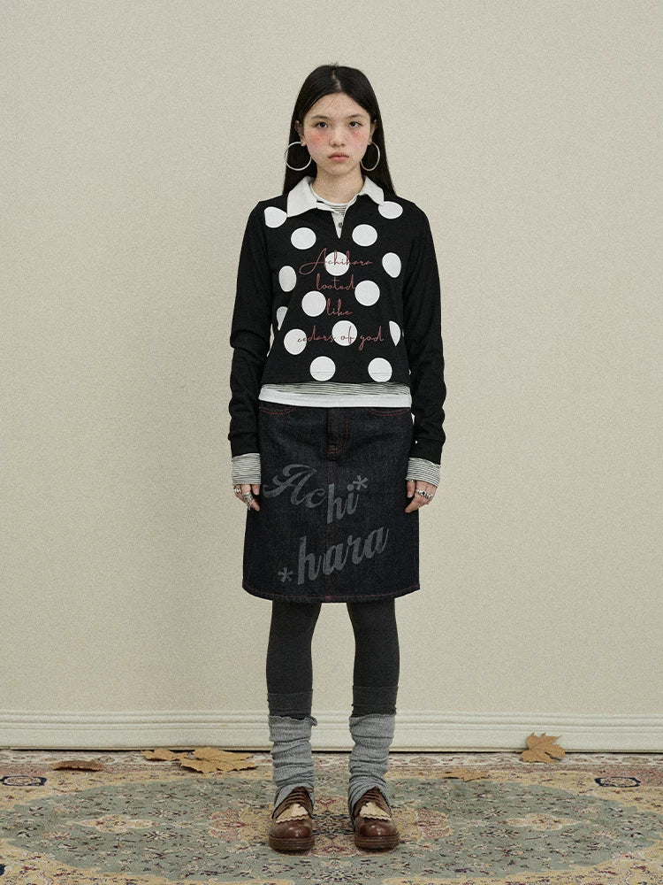 100 Percent Cotton Polka Dot Long Sleeve Polo Collar Women Straight Fit T-Shirt