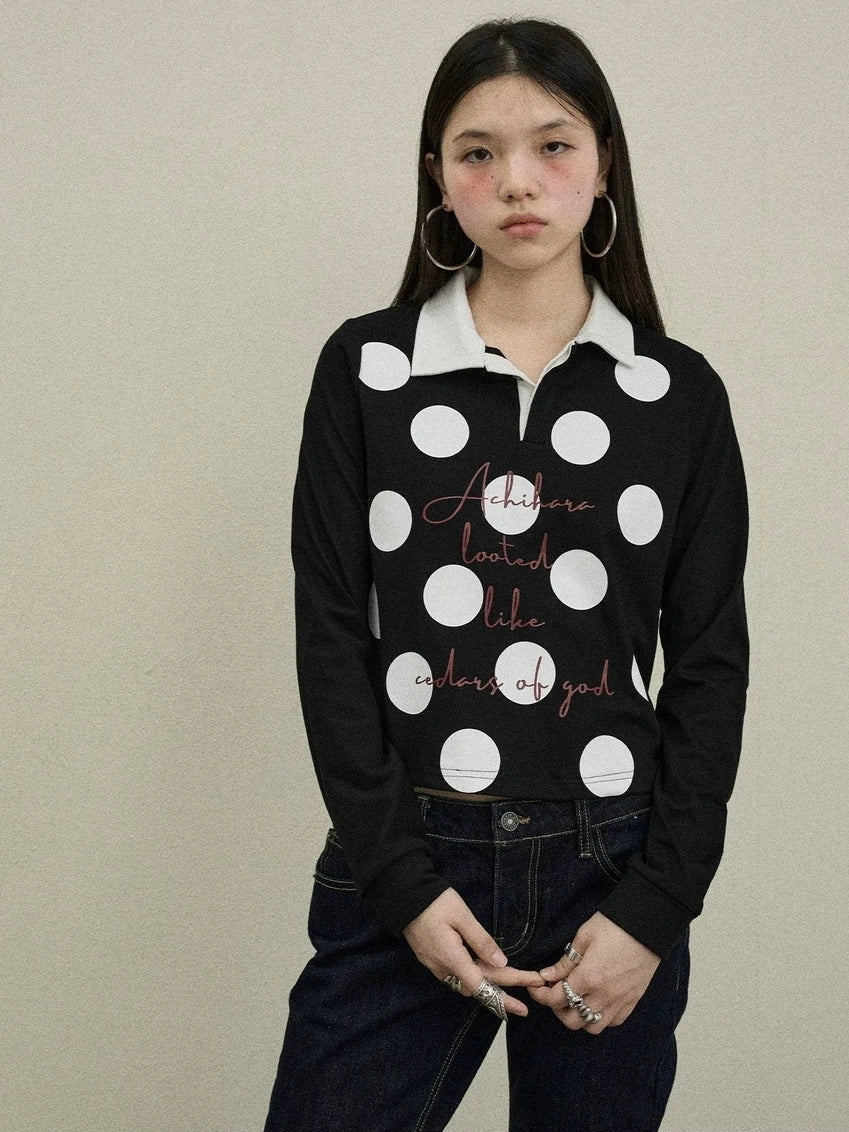 100 Percent Cotton Polka Dot Long Sleeve Polo Collar Women Straight Fit T-Shirt