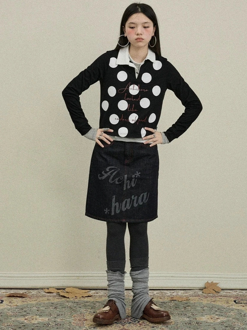 100 Percent Cotton Polka Dot Long Sleeve Polo Collar Women Straight Fit T-Shirt