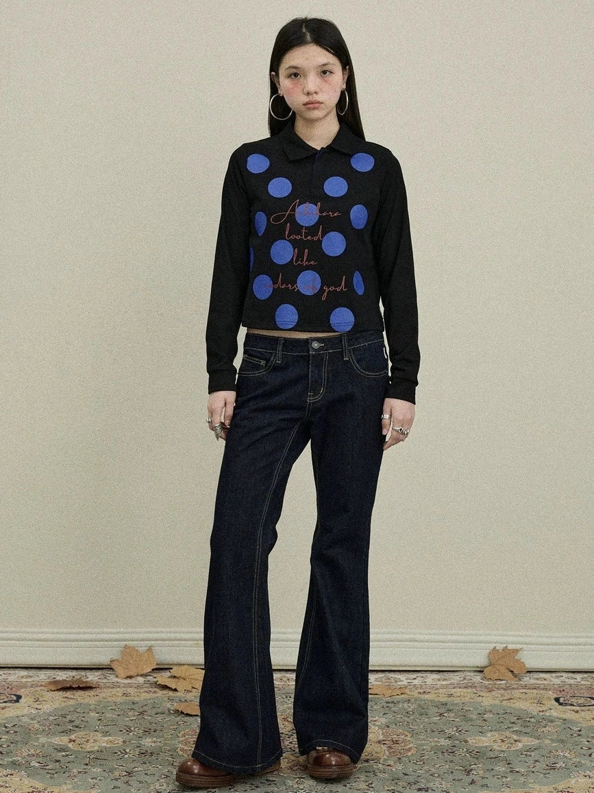 100 Percent Cotton Polka Dot Long Sleeve Polo Collar Women Straight Fit T-Shirt