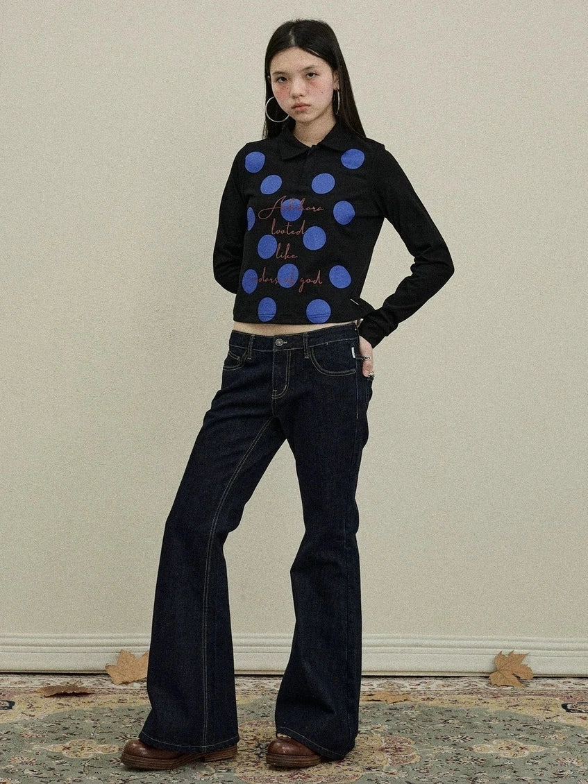 100 Percent Cotton Polka Dot Long Sleeve Polo Collar Women Straight Fit T-Shirt