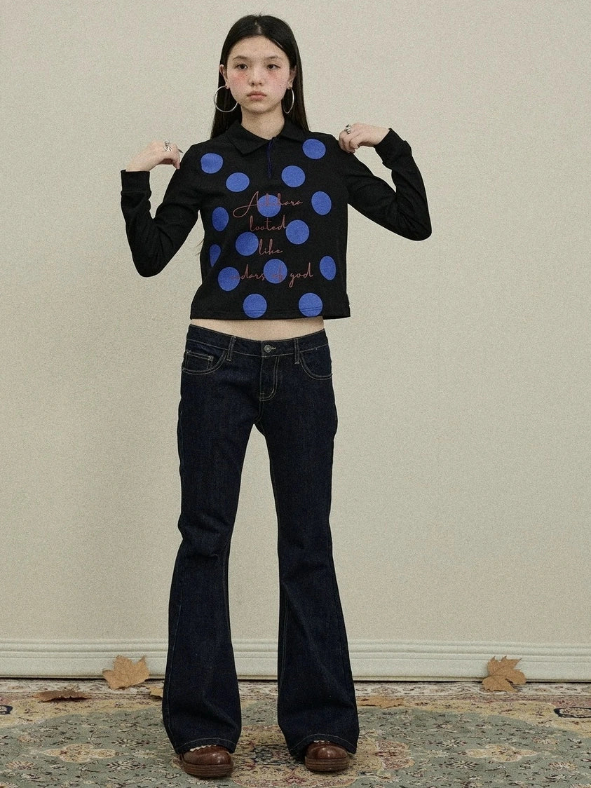 100 Percent Cotton Polka Dot Long Sleeve Polo Collar Women Straight Fit T-Shirt