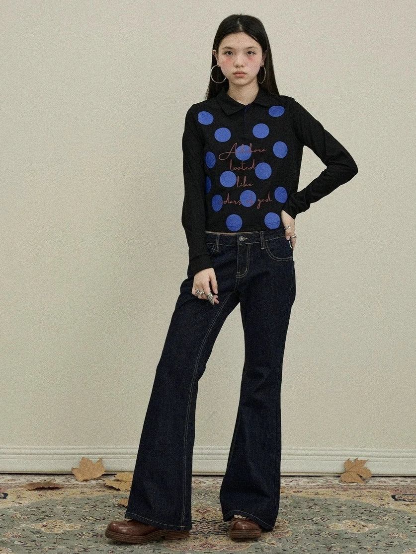 100 Percent Cotton Polka Dot Long Sleeve Polo Collar Women Straight Fit T-Shirt