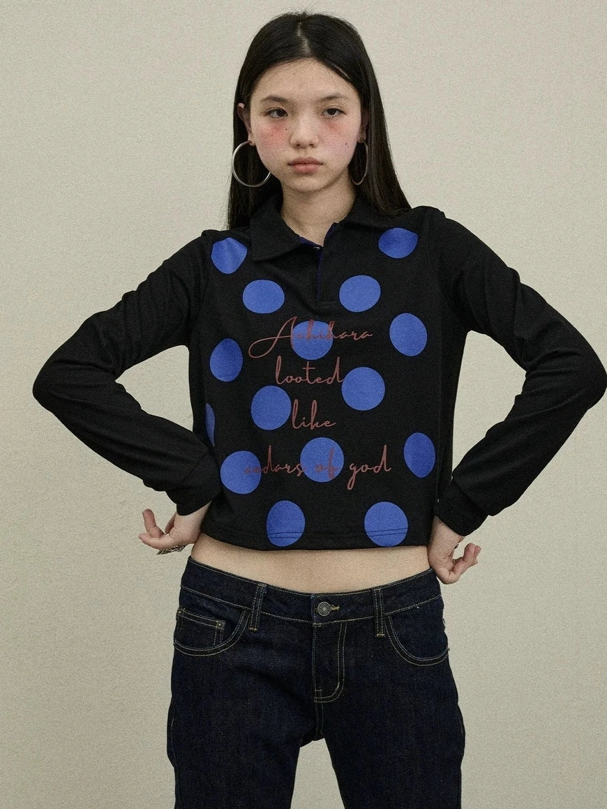 100 Percent Cotton Polka Dot Long Sleeve Polo Collar Women Straight Fit T-Shirt
