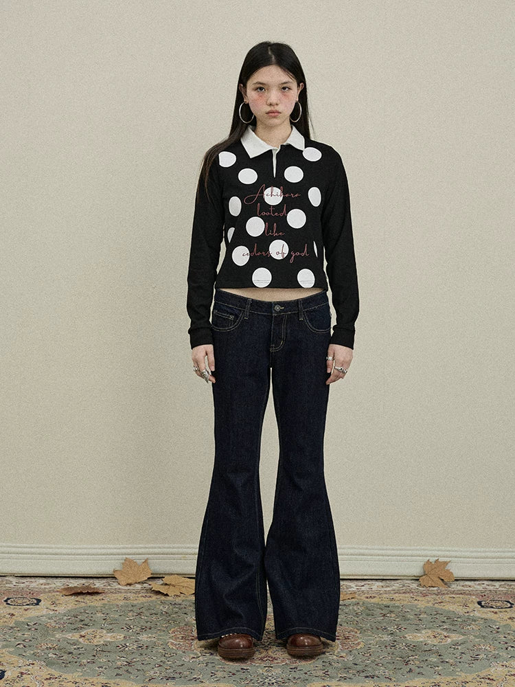 100 Percent Cotton Polka Dot Long Sleeve Polo Collar Women Straight Fit T-Shirt