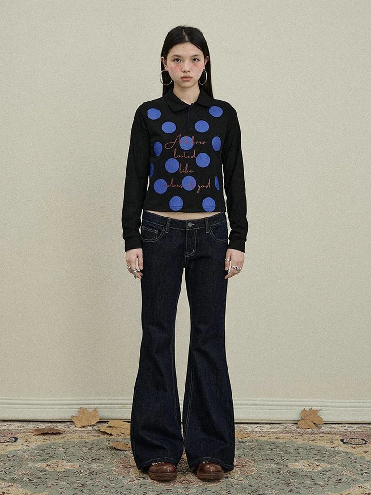 100 Percent Cotton Polka Dot Long Sleeve Polo Collar Women Straight Fit T-Shirt