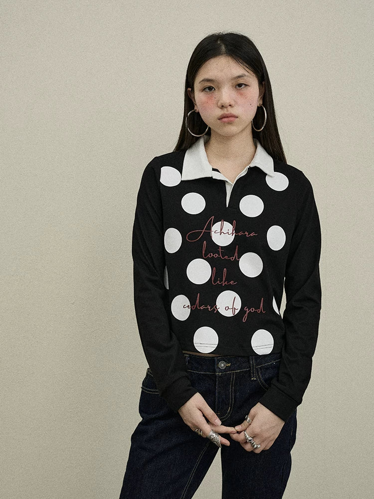100 Percent Cotton Polka Dot Long Sleeve Polo Collar Women Straight Fit T-Shirt