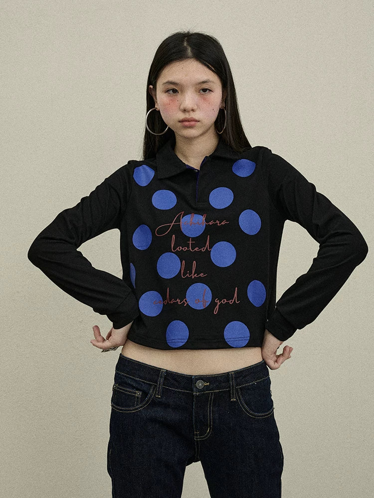 100 Percent Cotton Polka Dot Long Sleeve Polo Collar Women Straight Fit T-Shirt