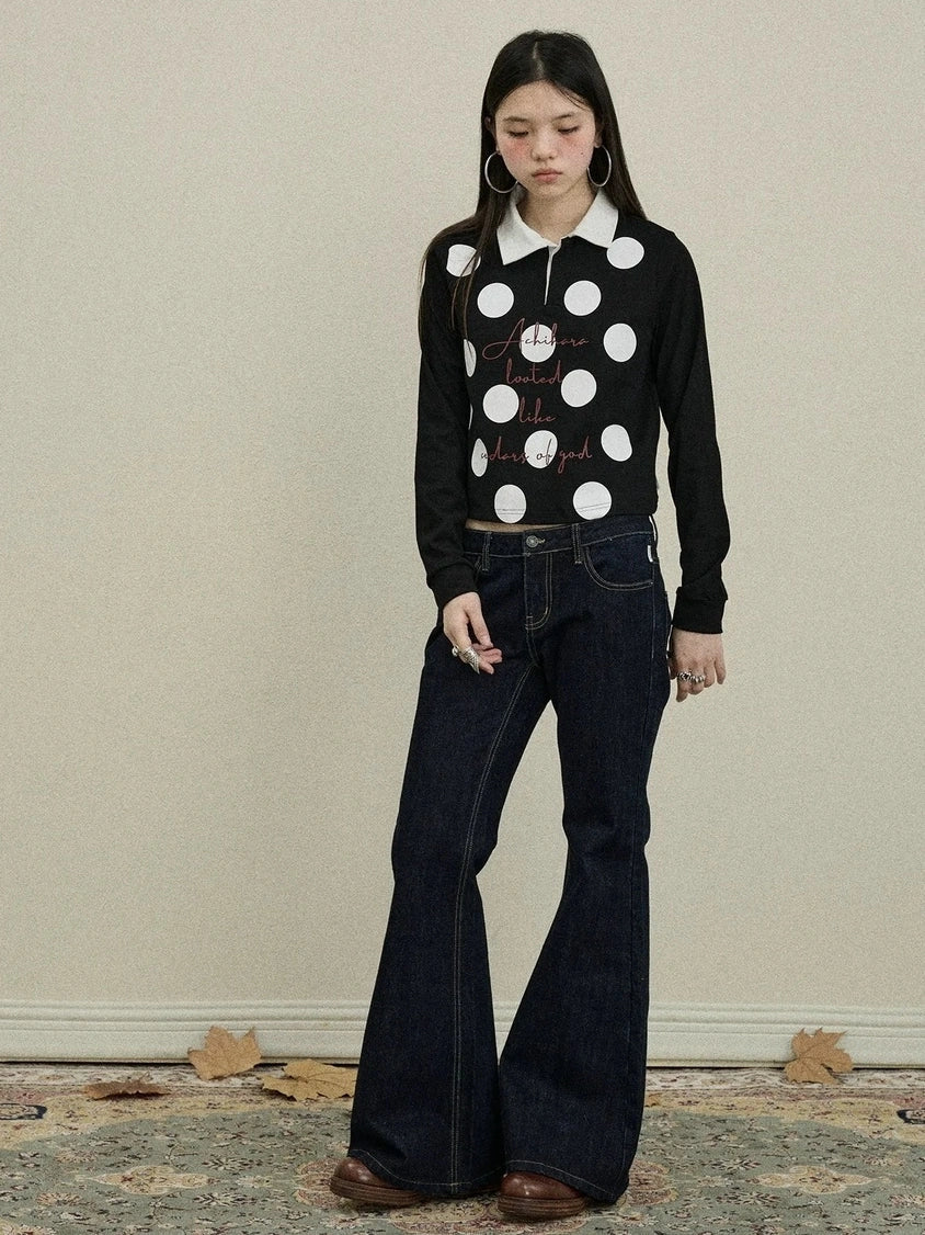 100 Percent Cotton Polka Dot Long Sleeve Polo Collar Women Straight Fit T-Shirt