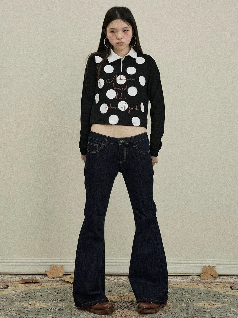 100 Percent Cotton Polka Dot Long Sleeve Polo Collar Women Straight Fit T-Shirt