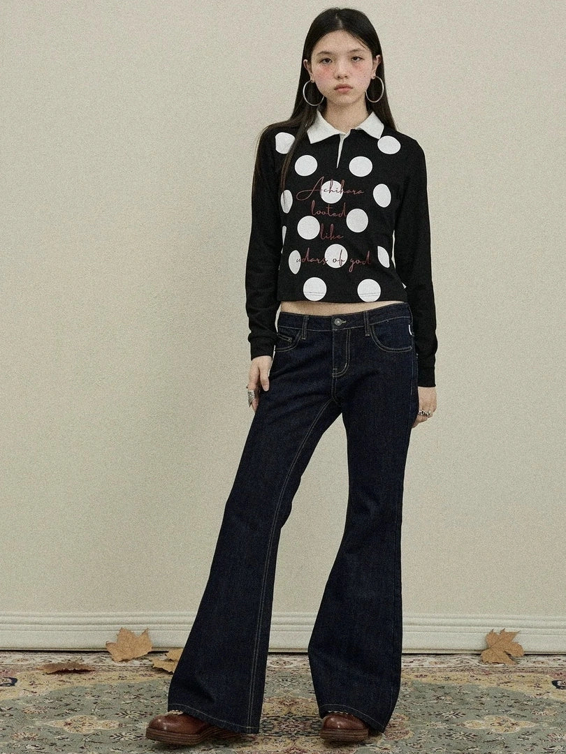 100 Percent Cotton Polka Dot Long Sleeve Polo Collar Women Straight Fit T-Shirt