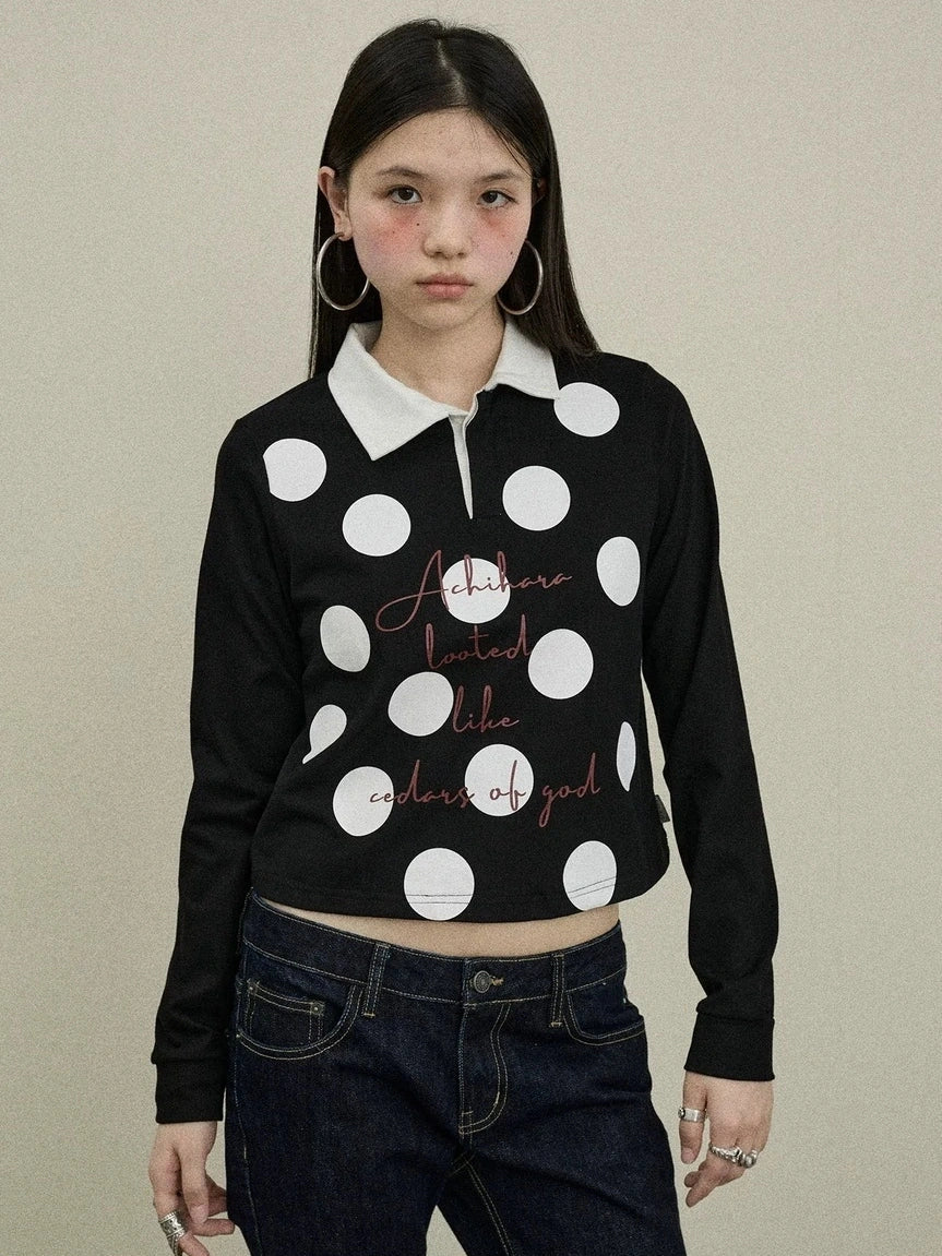 100 Percent Cotton Polka Dot Long Sleeve Polo Collar Women Straight Fit T-Shirt