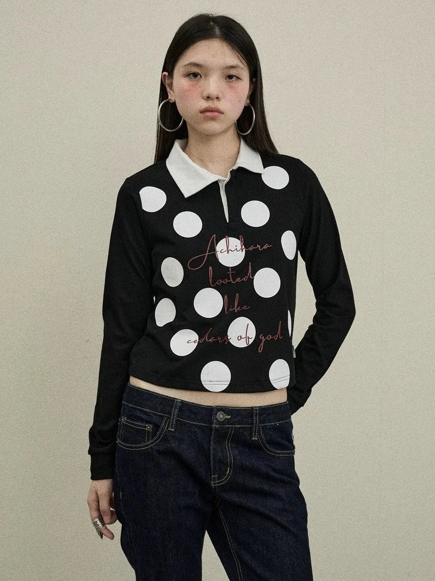 100 Percent Cotton Polka Dot Long Sleeve Polo Collar Women Straight Fit T-Shirt