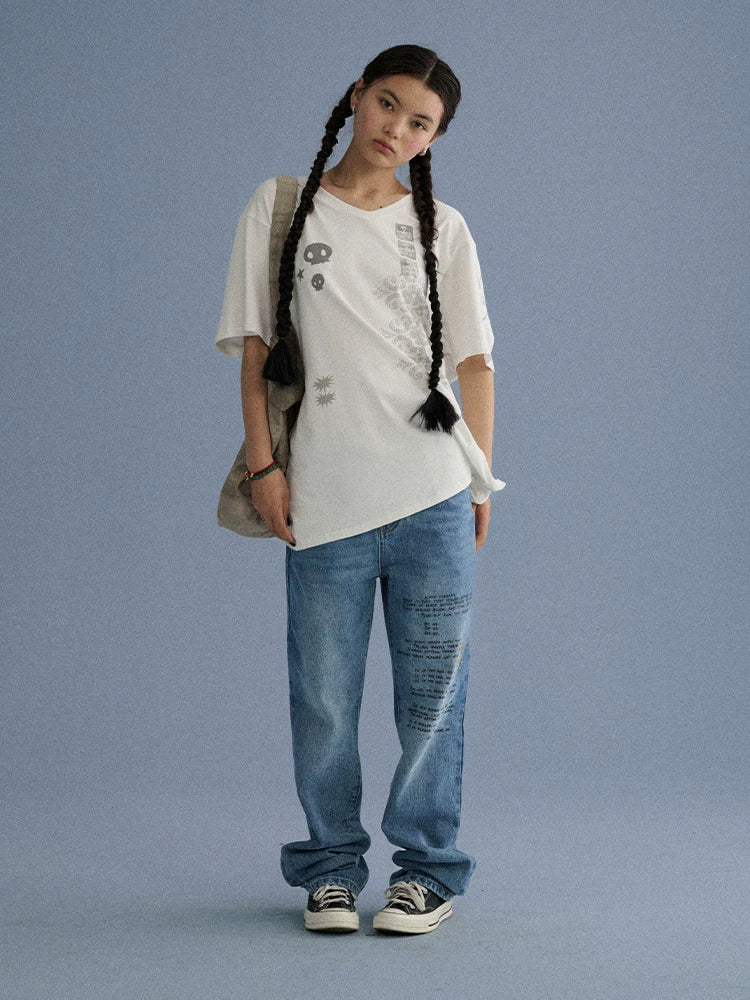 100 Percent Cotton Skull Print Loose V-Neck White Short Sleeve T-Shirt