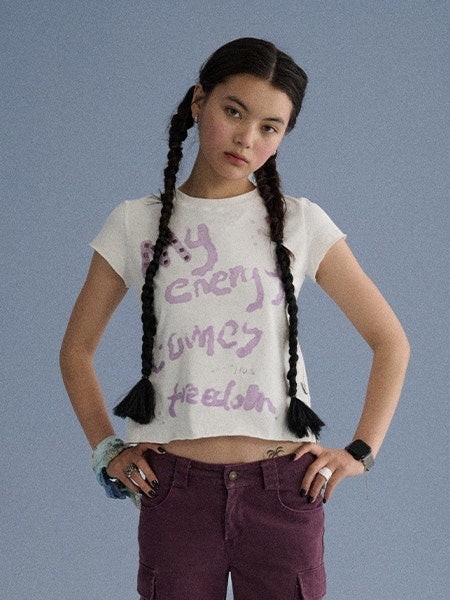 100 Percent Cotton Slim Short Sleeve Roundneck Office Letter Print Tee Crop Top