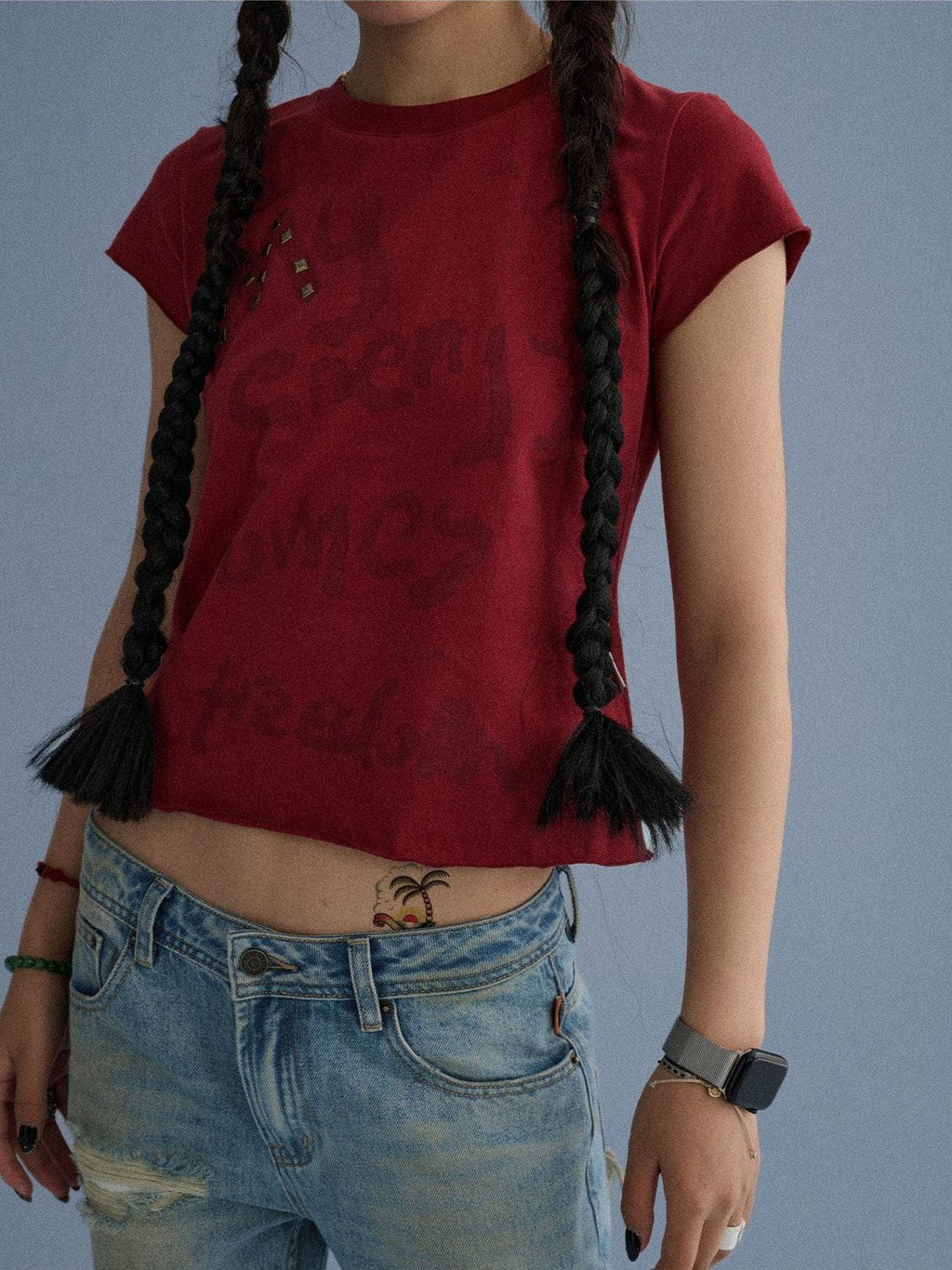 100 Percent Cotton Slim Short Sleeve Roundneck Office Letter Print Tee Crop Top