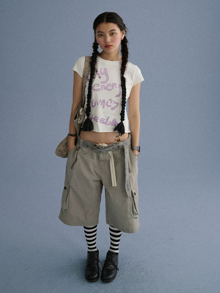 100 Percent Cotton Slim Short Sleeve Roundneck Office Letter Print Tee Crop Top