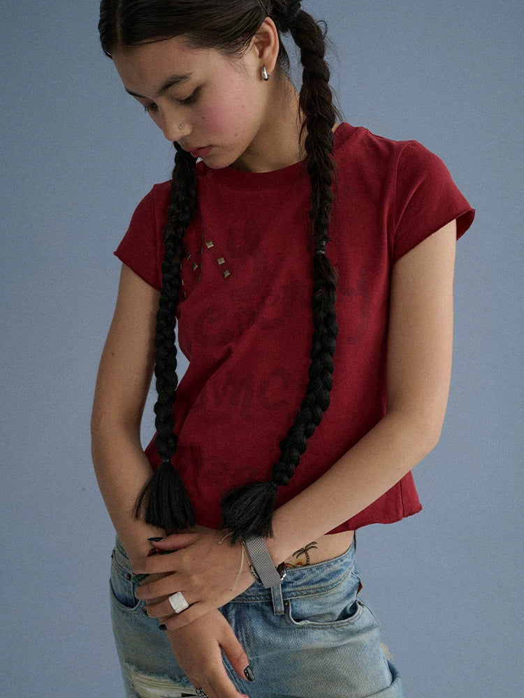 100 Percent Cotton Slim Short Sleeve Roundneck Office Letter Print Tee Crop Top