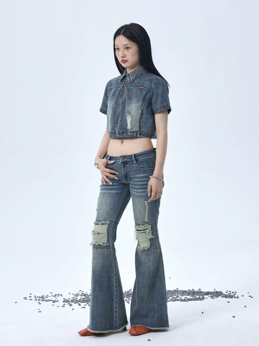1988 Vintage Low Rise Flared Jeans With Distressed Details