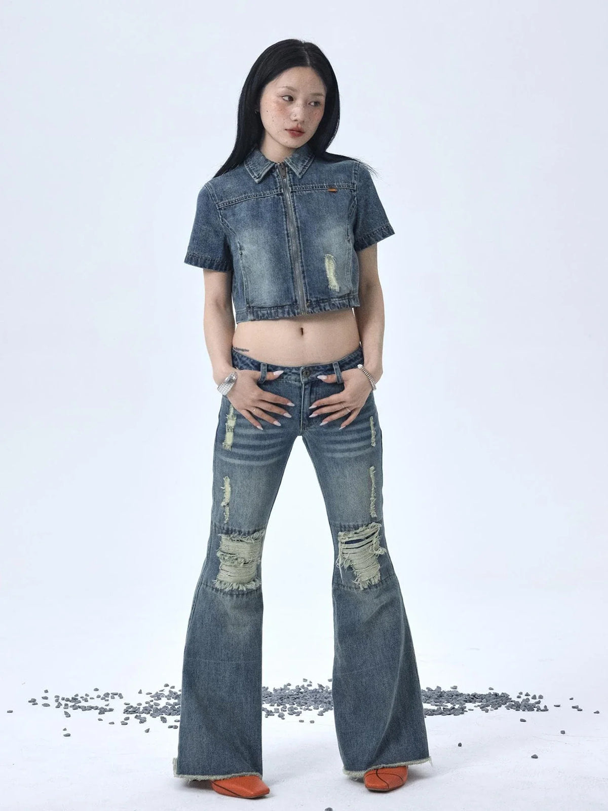 1988 Vintage Low Rise Flared Jeans With Distressed Details