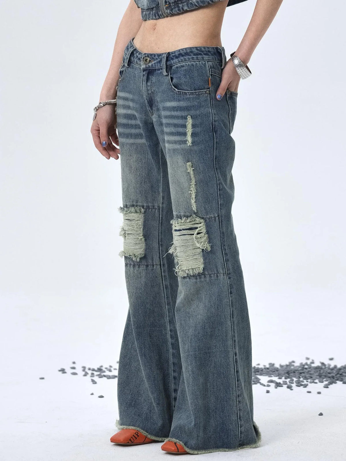 1988 Vintage Low Rise Flared Jeans With Distressed Details