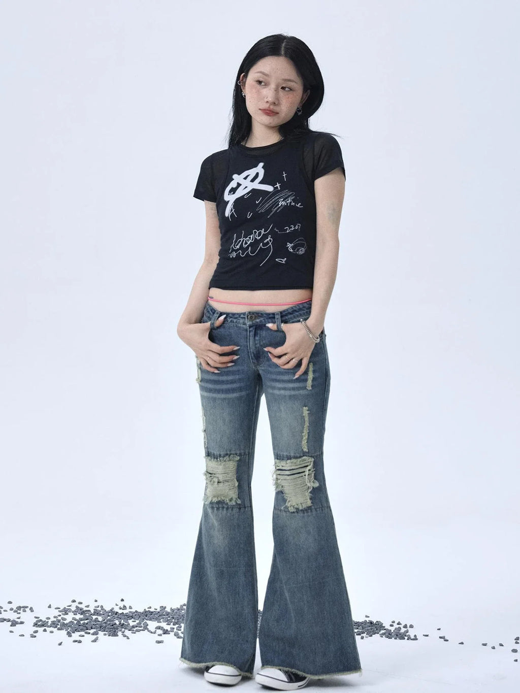 1988 Vintage Low Rise Flared Jeans With Distressed Details
