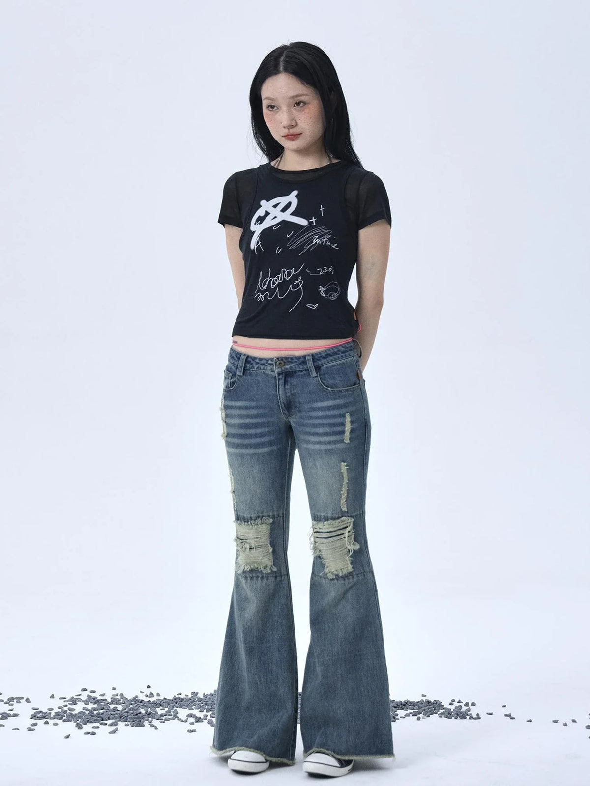1988 Vintage Low Rise Flared Jeans With Distressed Details