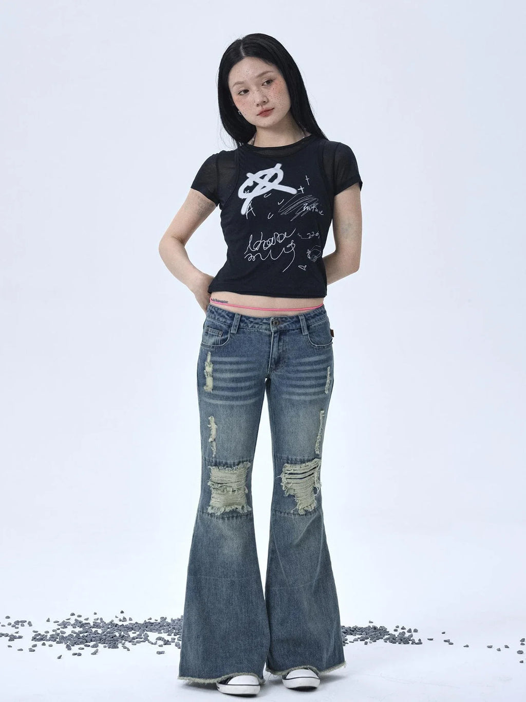 1988 Vintage Low Rise Flared Jeans With Distressed Details