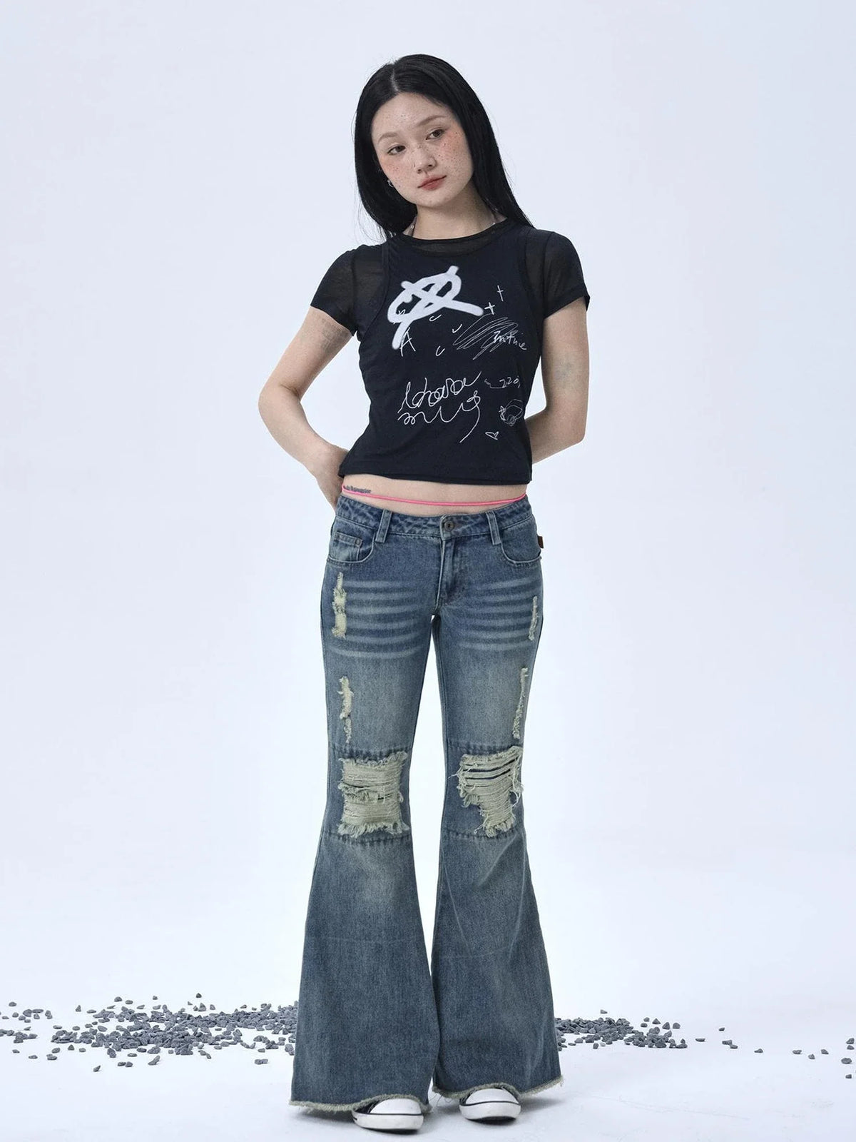 1988 Vintage Low Rise Flared Jeans With Distressed Details