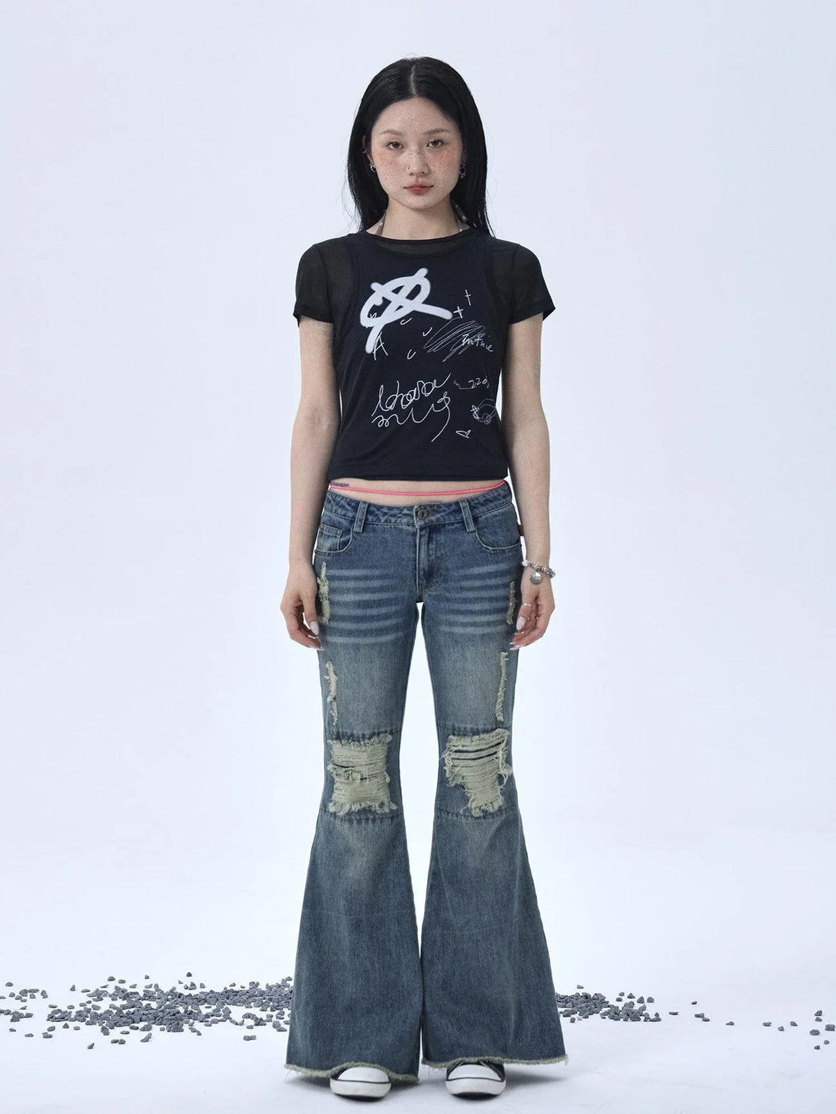 1988 Vintage Low Rise Flared Jeans With Distressed Details