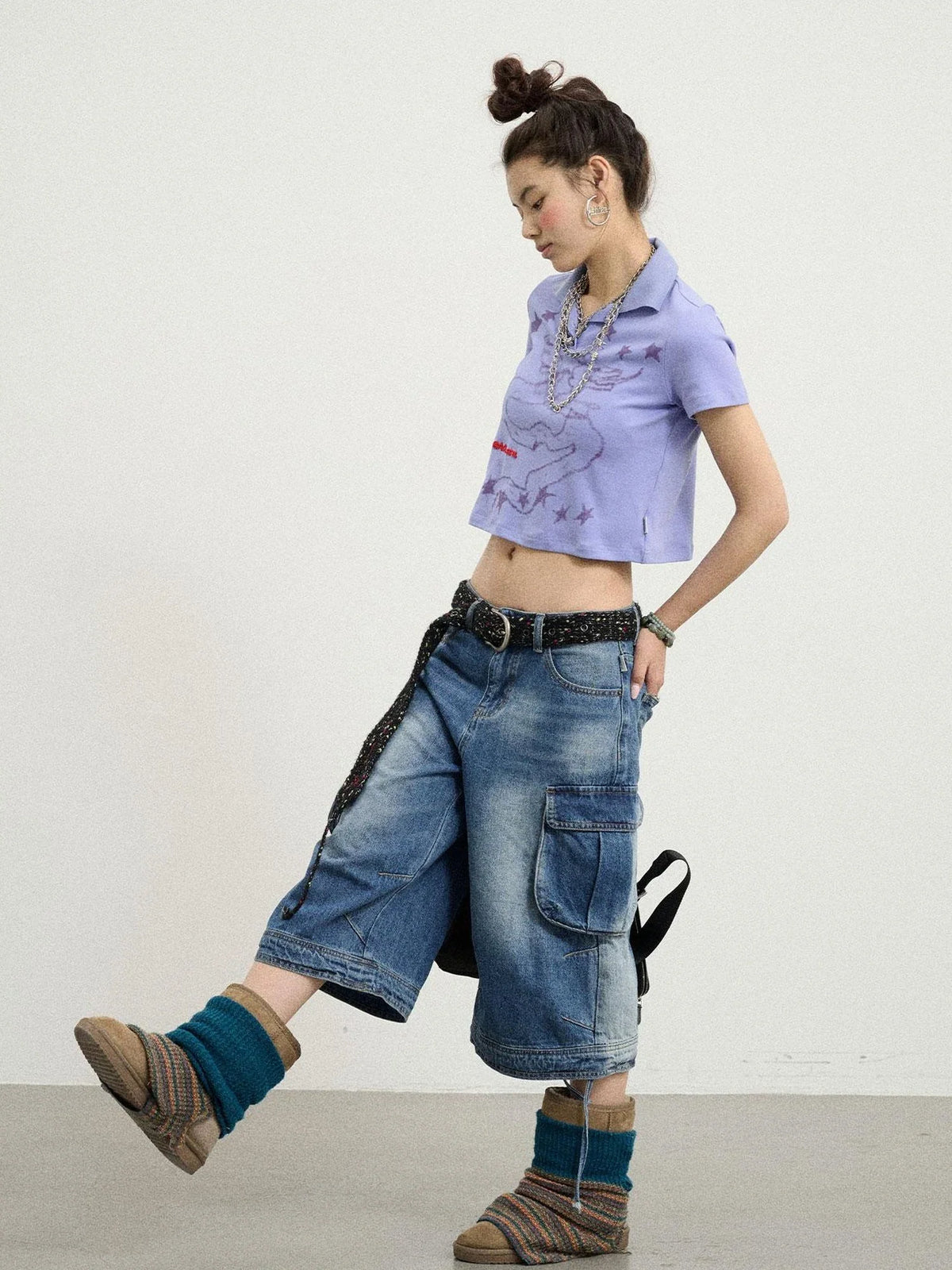 Beach Washed Relaxed Cargo Denim Shorts